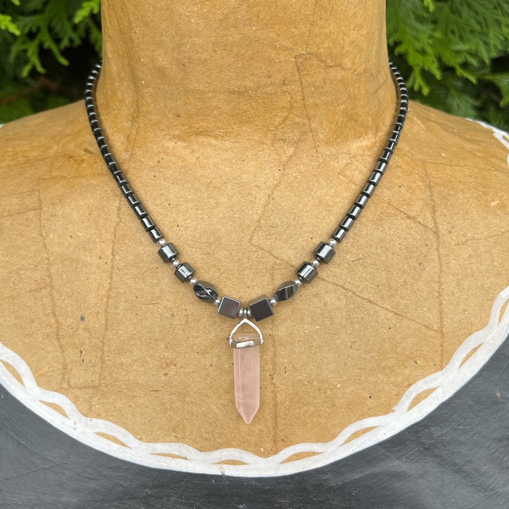 Y2K; Black Hemitite Necklace/Choker; Rose Quartz Pendant; Non-Adjustable; 18in